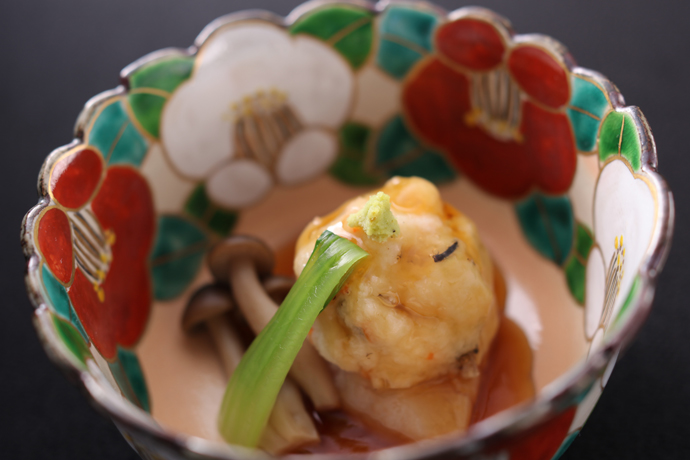 温物：地魚かぶら蒸し 鼈甲飴　天山葵　しめじ　青梗菜