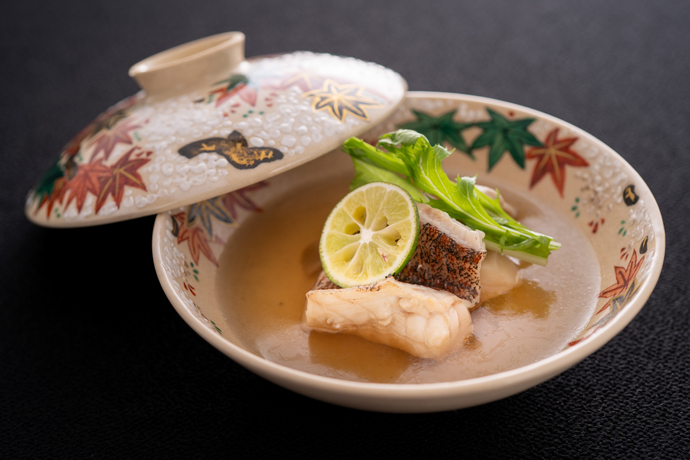 蒸し物　地魚酒蒸し　水菜　舞茸　酢橘　ポン酢